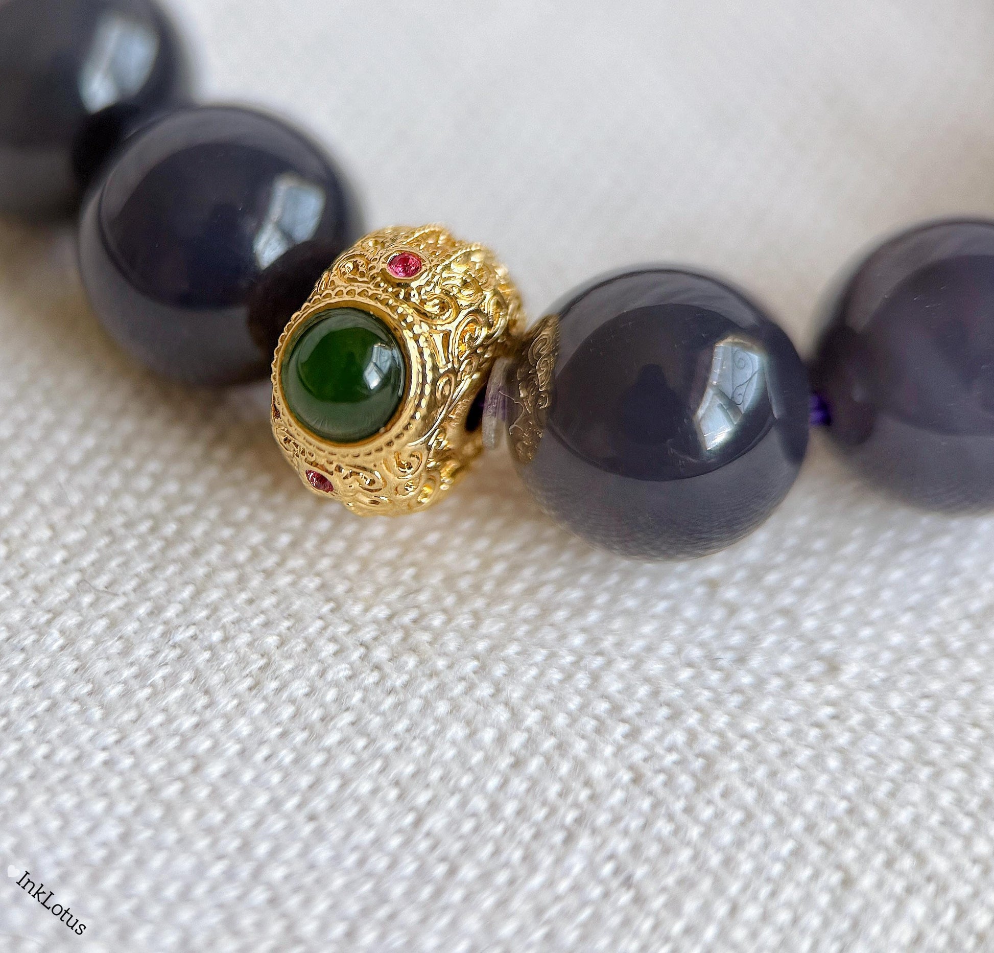 Gray-Purple Nephrite Jade Bracelet 10mm - 18K Gold Jadeite Charm - Handmade