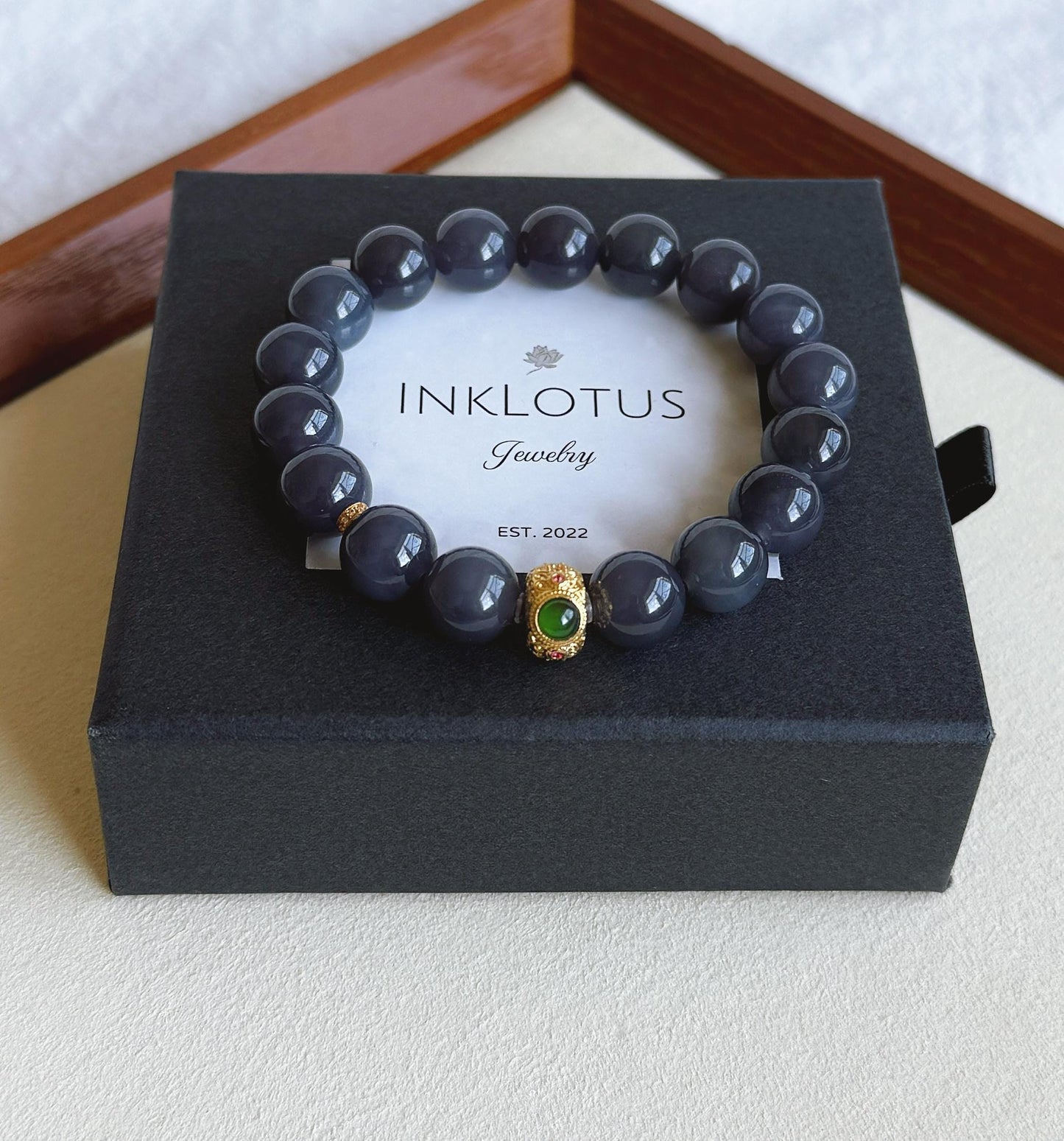 Gray-Purple Nephrite Jade Bracelet 10mm - 18K Gold Jadeite Charm - Handmade