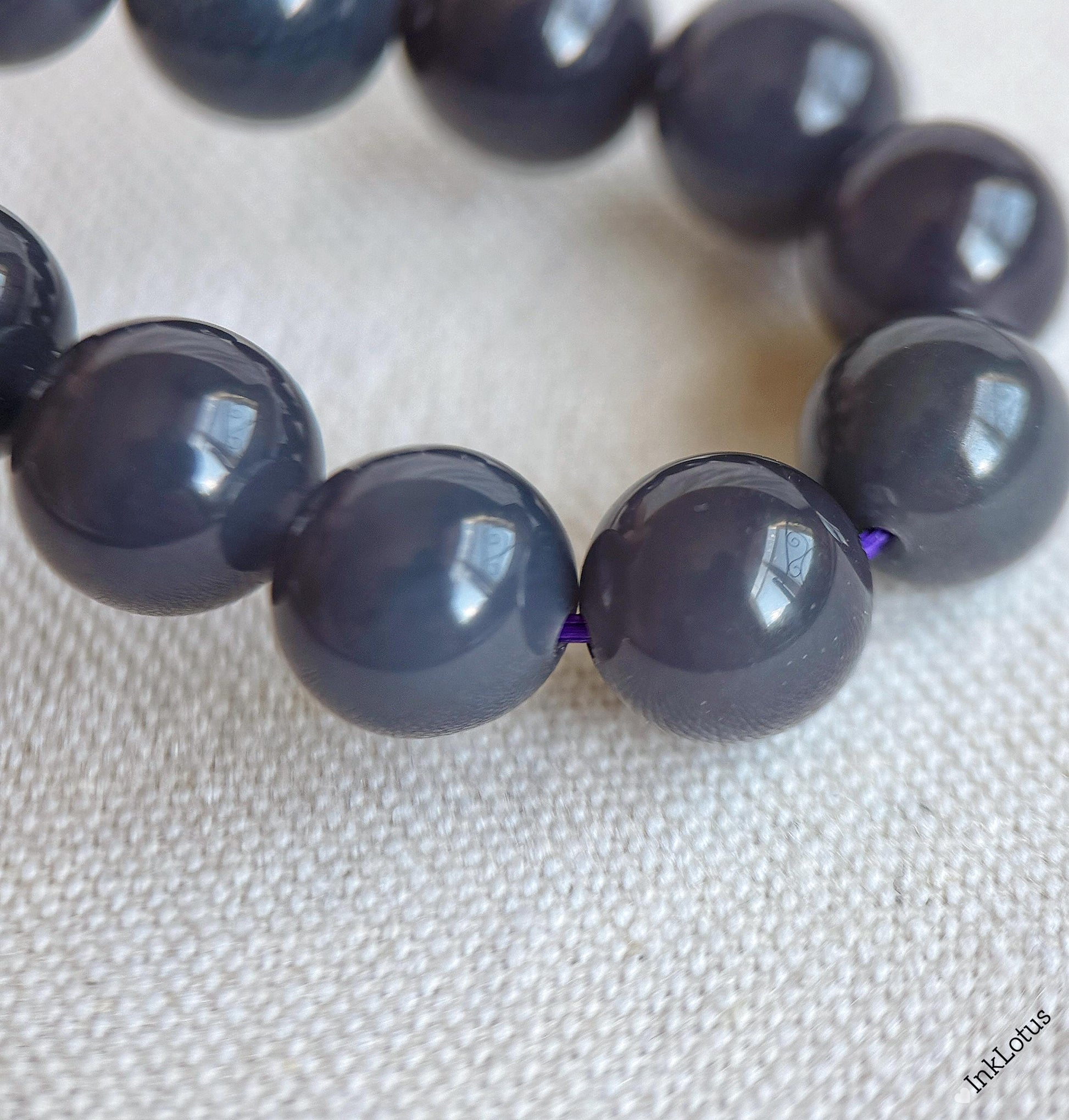 Gray-Purple Nephrite Jade Bracelet 10mm - 18K Gold Jadeite Charm - Handmade