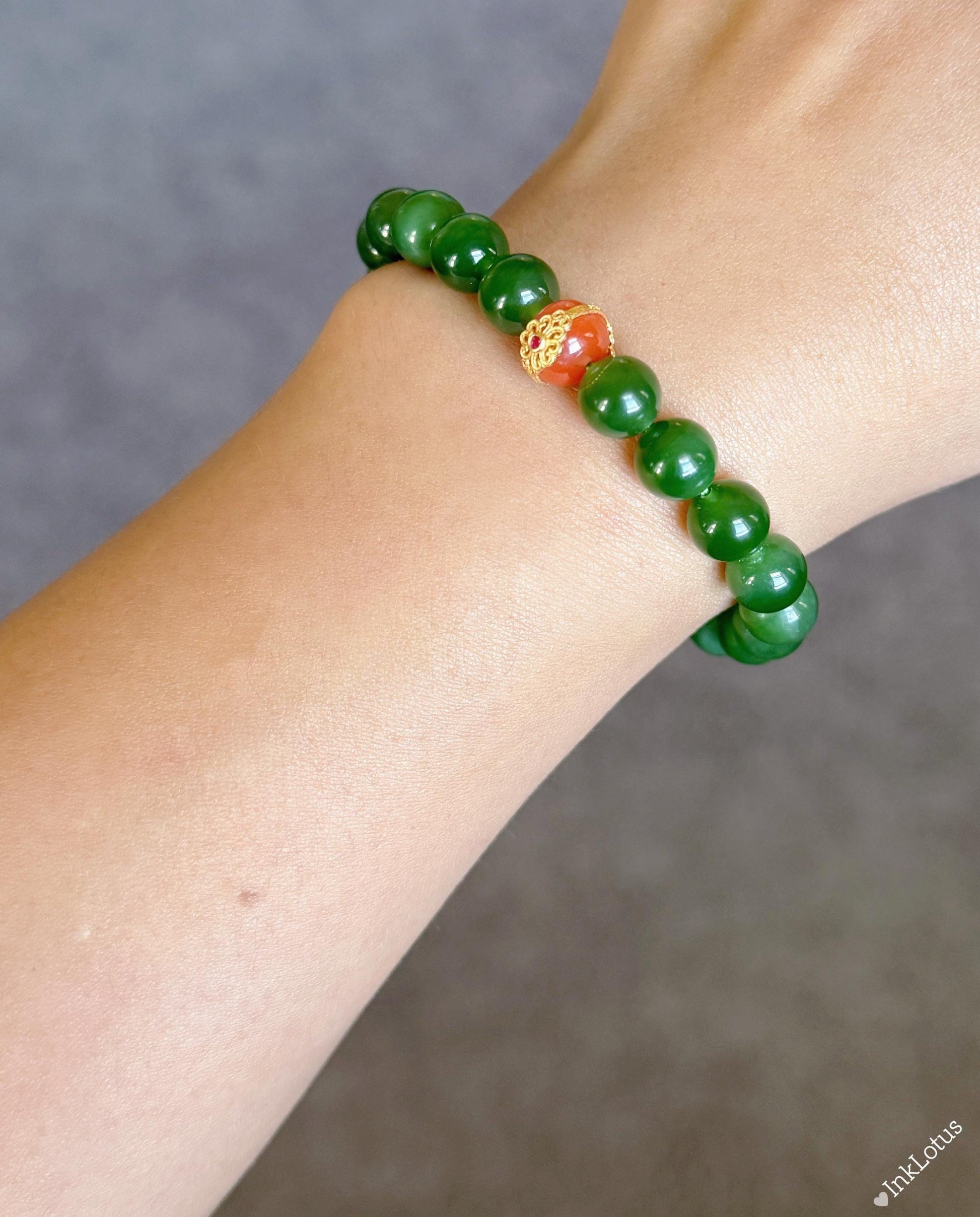 8mm Green Nephrite Jade Bracelet: S925 Red Agate Accent, Good Luck Charm