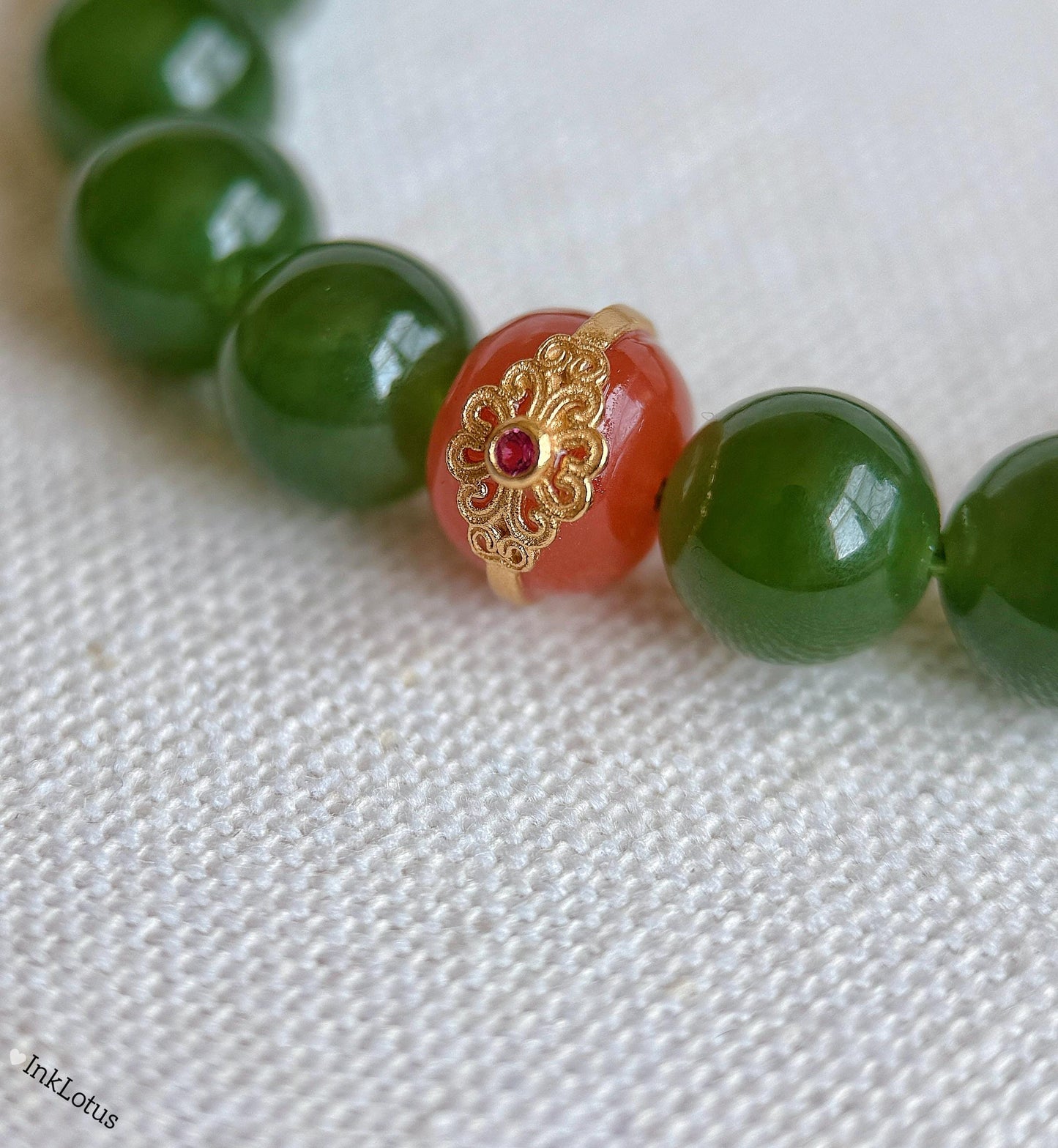8mm Green Nephrite Jade Bracelet: S925 Red Agate Accent, Good Luck Charm
