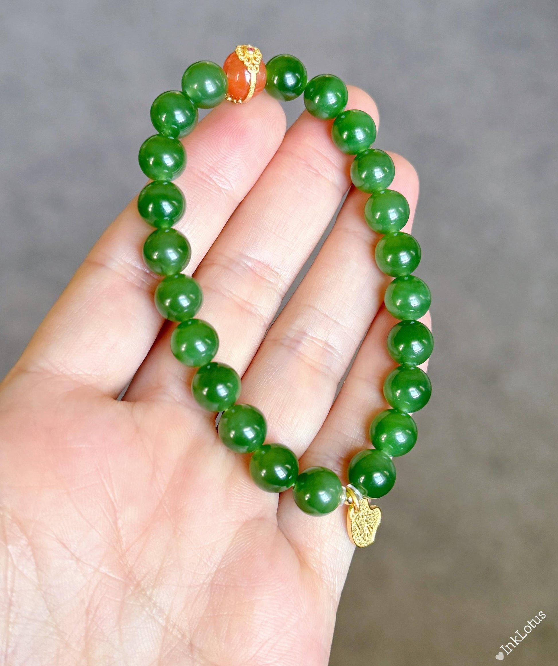 8mm Green Nephrite Jade Bracelet: S925 Red Agate Accent, Good Luck Charm