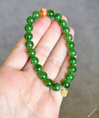 8mm Green Nephrite Jade Bracelet: S925 Red Agate Accent, Good Luck Charm