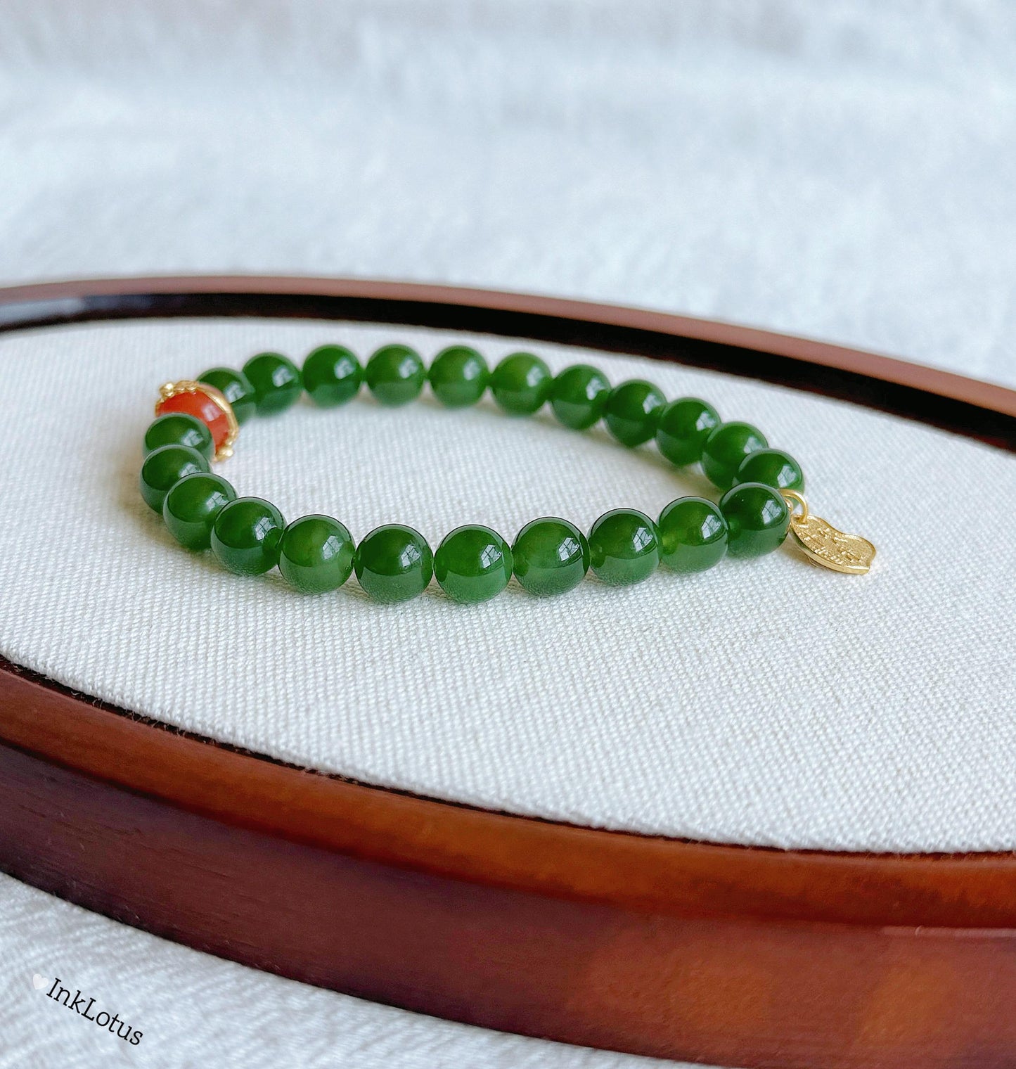 8mm Green Nephrite Jade Bracelet: S925 Red Agate Accent, Good Luck Charm