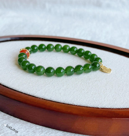 8mm Green Nephrite Jade Bracelet: S925 Red Agate Accent, Good Luck Charm