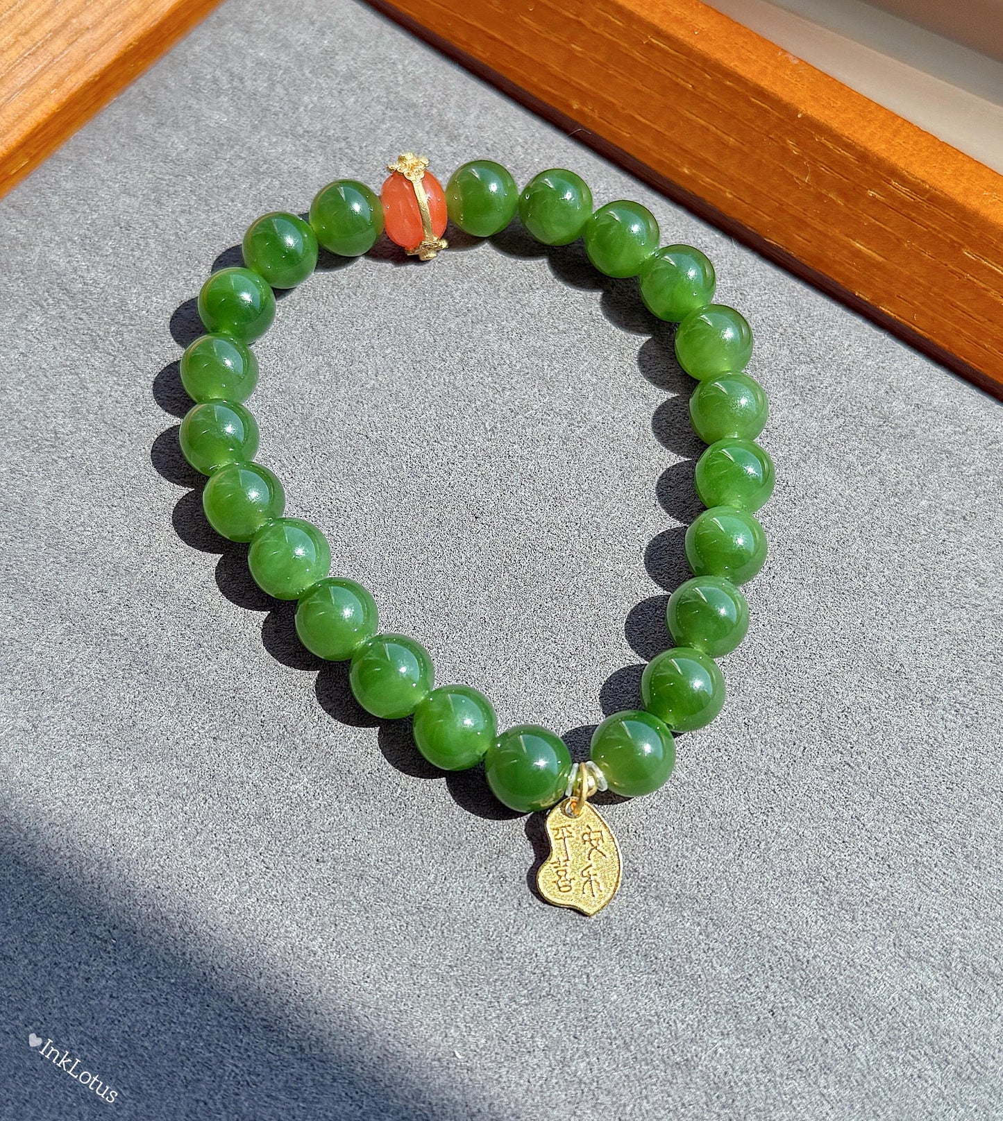 8mm Green Nephrite Jade Bracelet: S925 Red Agate Accent, Good Luck Charm