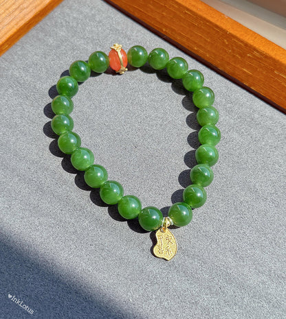 8mm Green Nephrite Jade Bracelet: S925 Red Agate Accent, Good Luck Charm