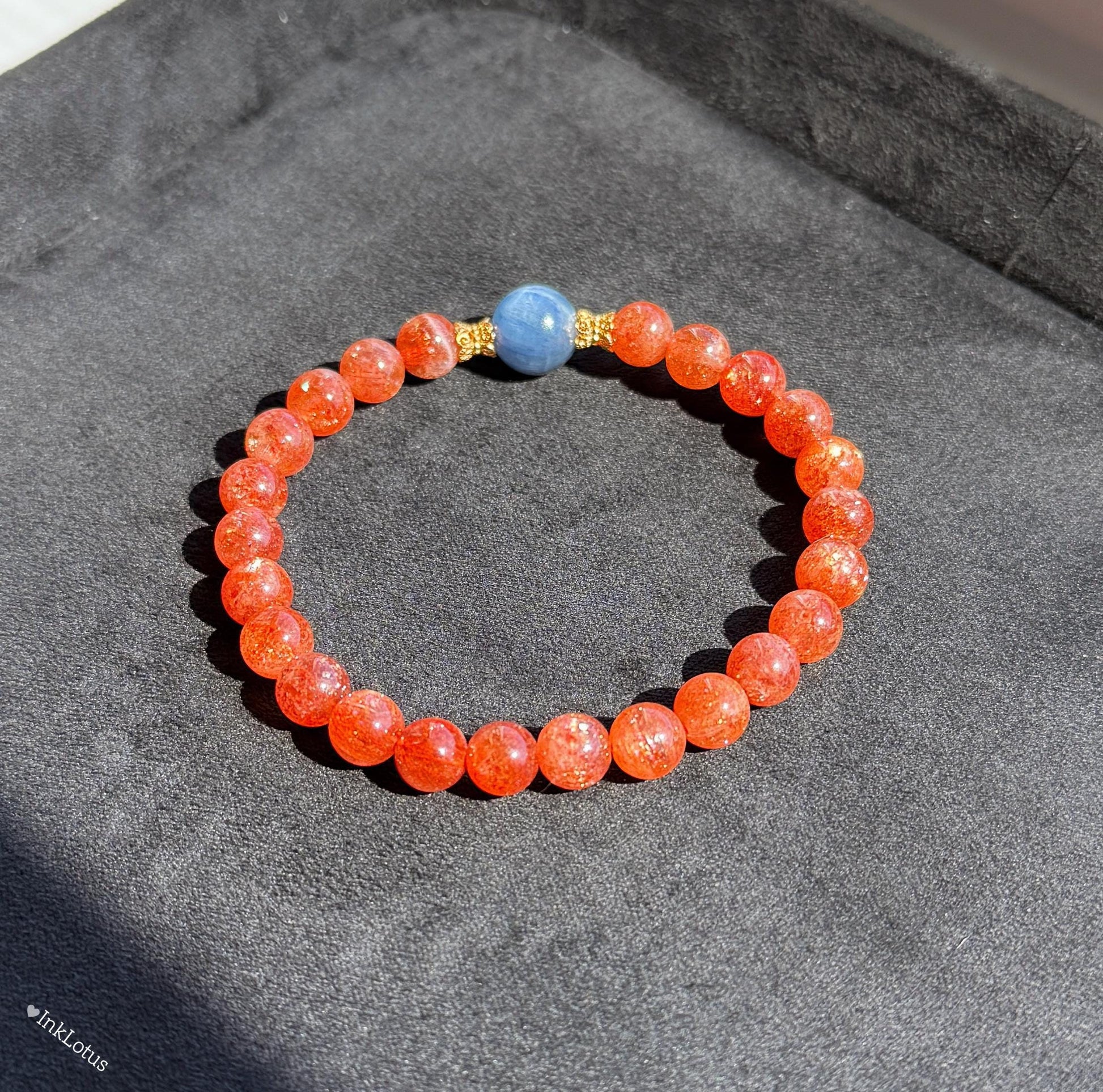 7mm Sunstone Bracelet with Blue Kyanite and Gold-Plated Silver | AAAA+ Sunstone Beads