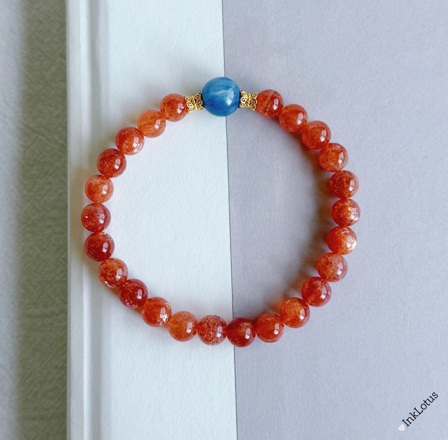 7mm Sunstone Bracelet with Blue Kyanite and Gold-Plated Silver | AAAA+ Sunstone Beads