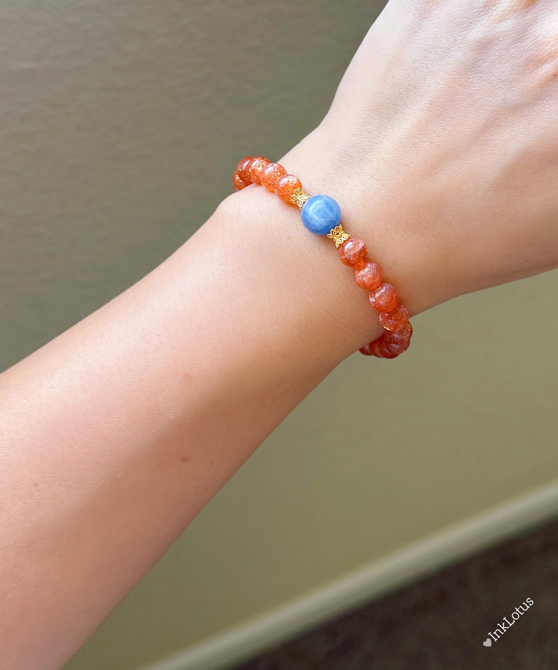 7mm Sunstone Bracelet with Blue Kyanite and Gold-Plated Silver | AAAA+ Sunstone Beads