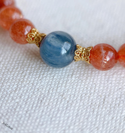 7mm Sunstone Bracelet with Blue Kyanite and Gold-Plated Silver | AAAA+ Sunstone Beads