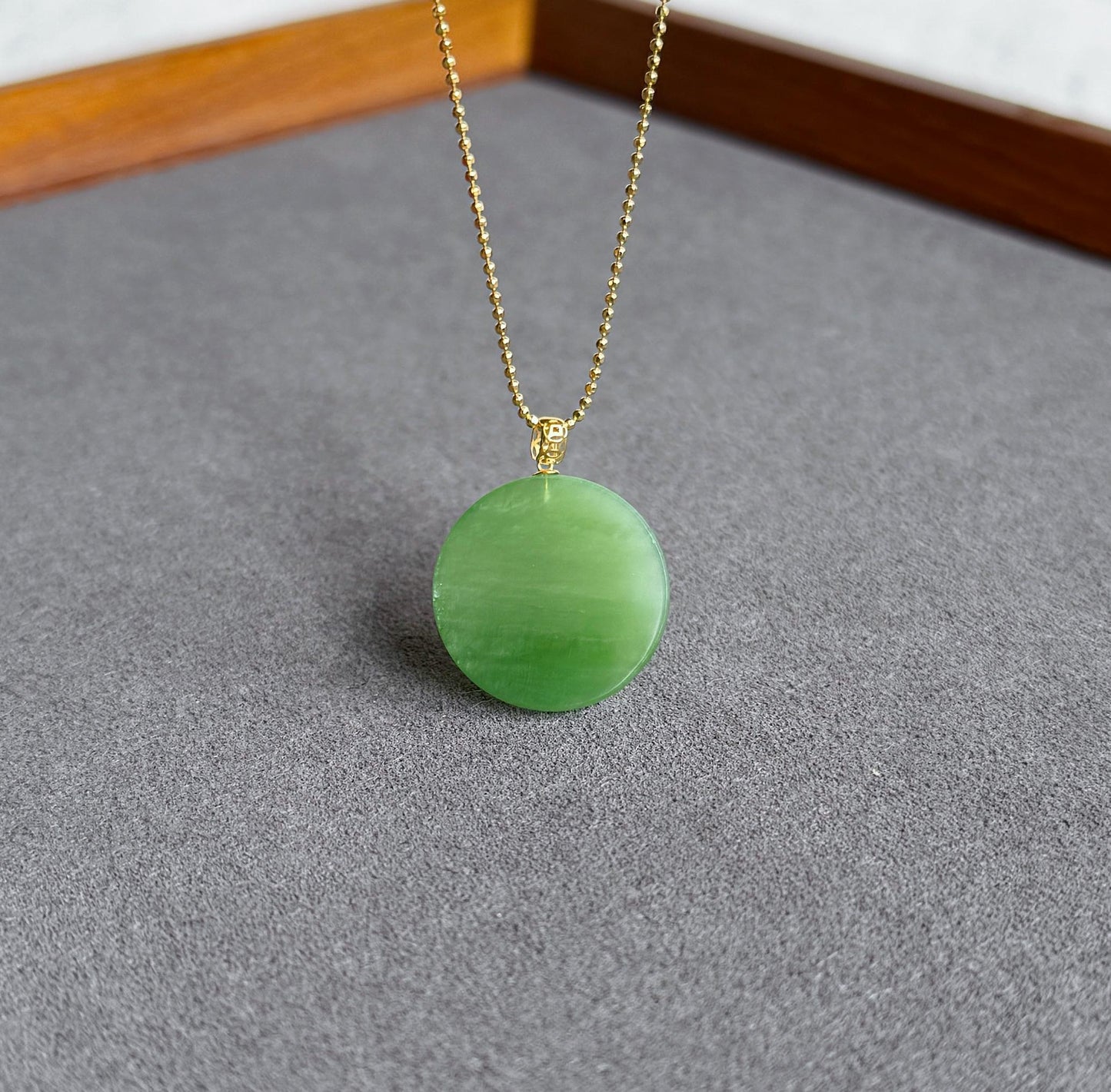 Green Nephrite Jade Pendant Necklace: 18K Gold Bail, Sterling Silver Chain