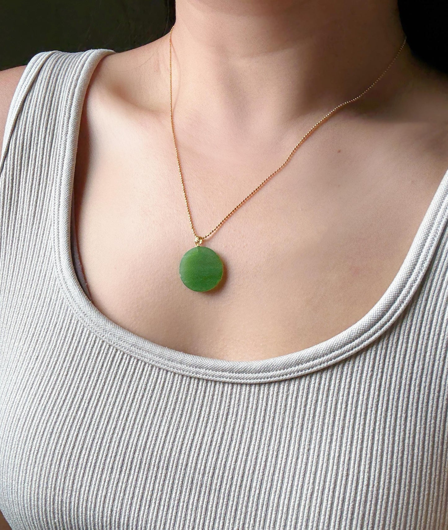 Green Nephrite Jade Pendant Necklace: 18K Gold Bail, Sterling Silver Chain