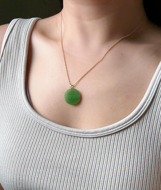Green Nephrite Jade Pendant Necklace: 18K Gold Bail, Sterling Silver Chain