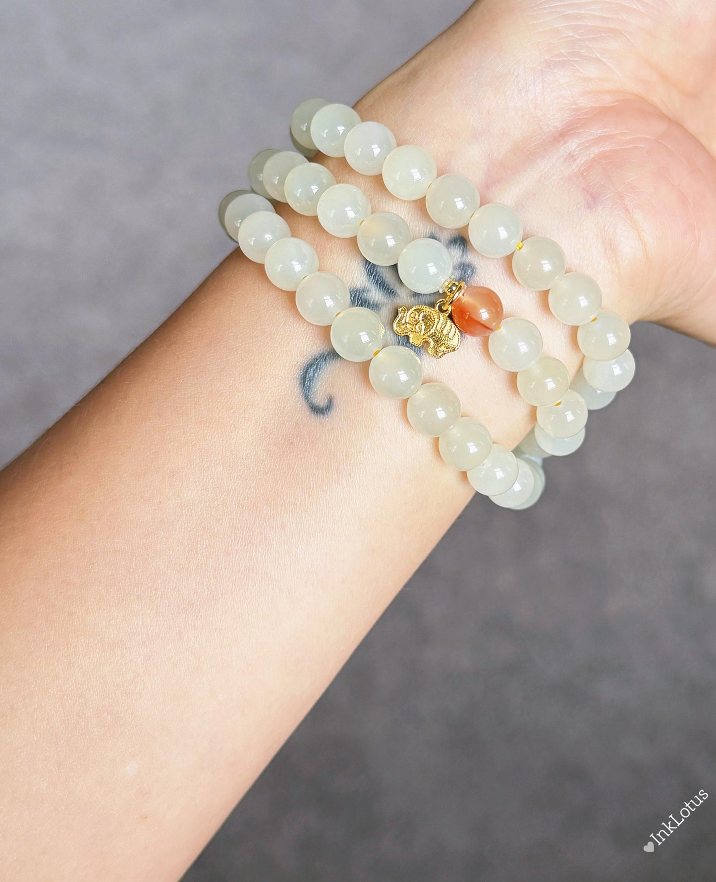 Nephrite Jade Multi-Wrap Bracelet/Necklace 8mm: Sterling Silver Elephant Charm, Red Agate Accent