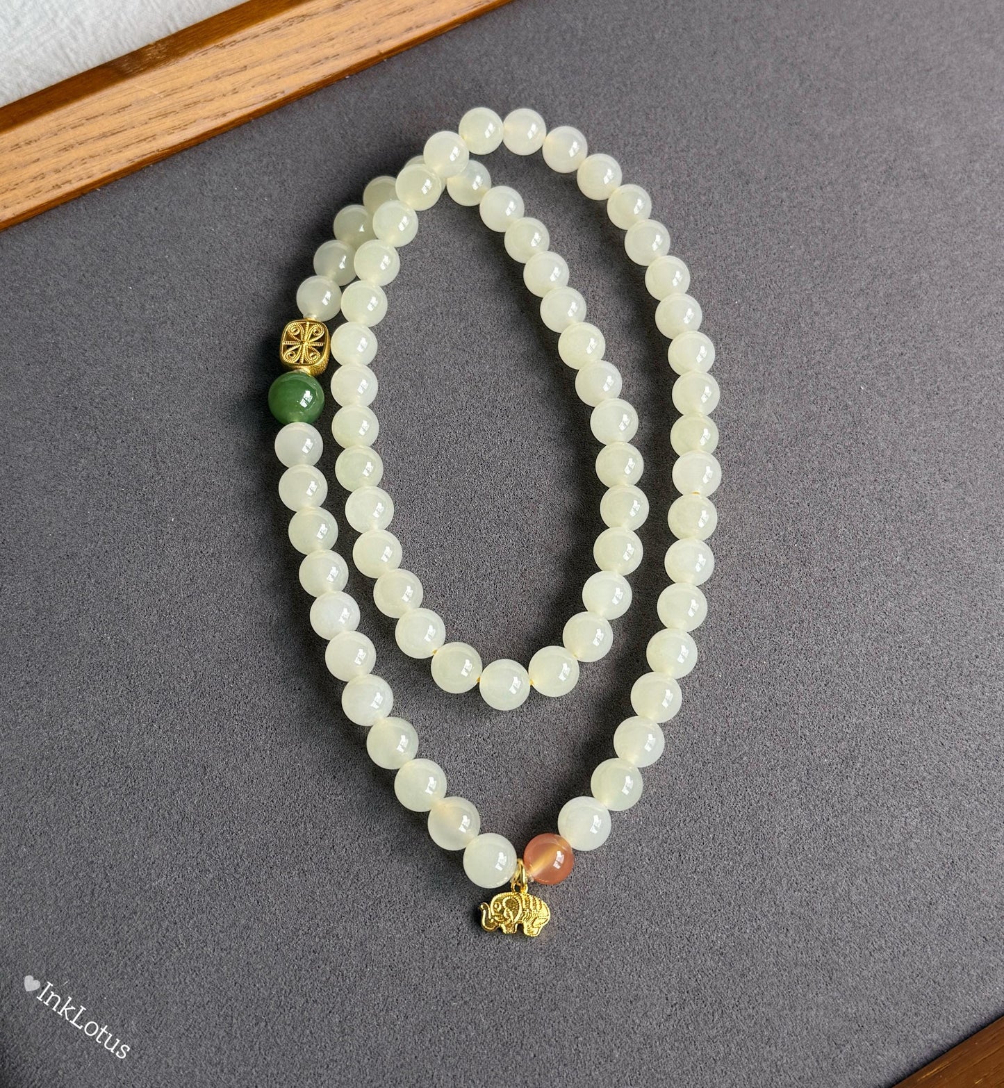 Nephrite Jade Multi-Wrap Bracelet/Necklace 8mm: Sterling Silver Elephant Charm, Red Agate Accent