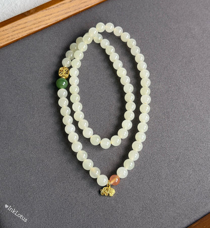 Nephrite Jade Multi-Wrap Bracelet/Necklace 8mm: Sterling Silver Elephant Charm, Red Agate Accent