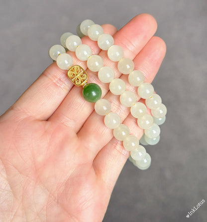 Nephrite Jade Multi-Wrap Bracelet/Necklace 8mm: Sterling Silver Elephant Charm, Red Agate Accent