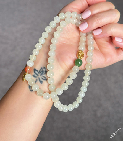 Nephrite Jade Multi-Wrap Bracelet/Necklace 8mm: Sterling Silver Elephant Charm, Red Agate Accent