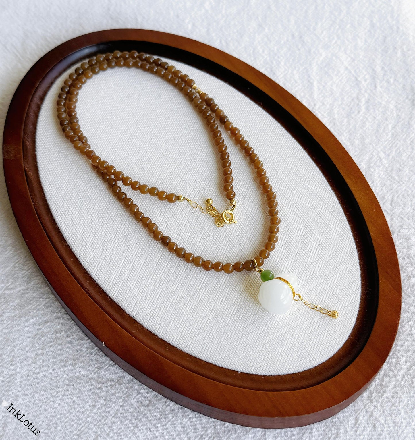 Convertible Brown Nephrite Jade Beaded Necklace with 18K White Jade Gourd | Multi-wrap Jade Bracelet