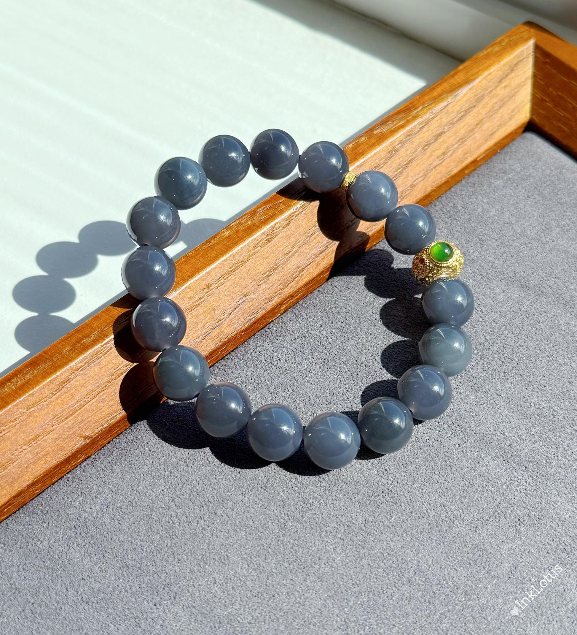 Gray-Purple Nephrite Jade Bracelet 10mm - 18K Gold Jadeite Charm - Handmade