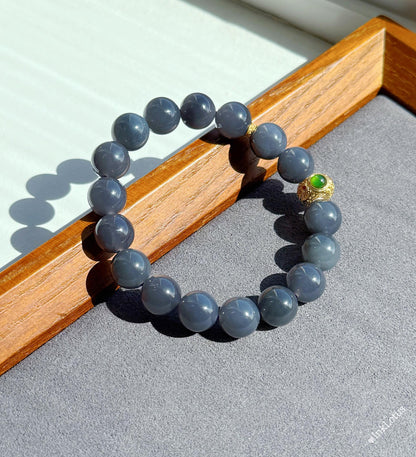 Gray-Purple Nephrite Jade Bracelet 10mm - 18K Gold Jadeite Charm - Handmade
