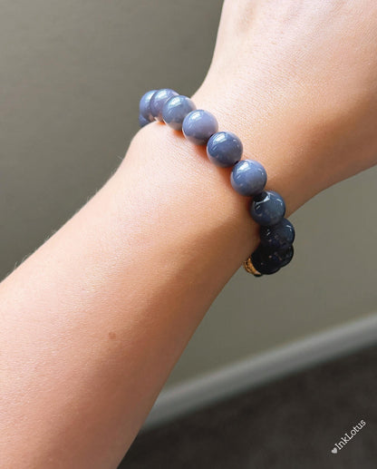 Gray-Purple Nephrite Jade Bracelet 10mm - 18K Gold Jadeite Charm - Handmade