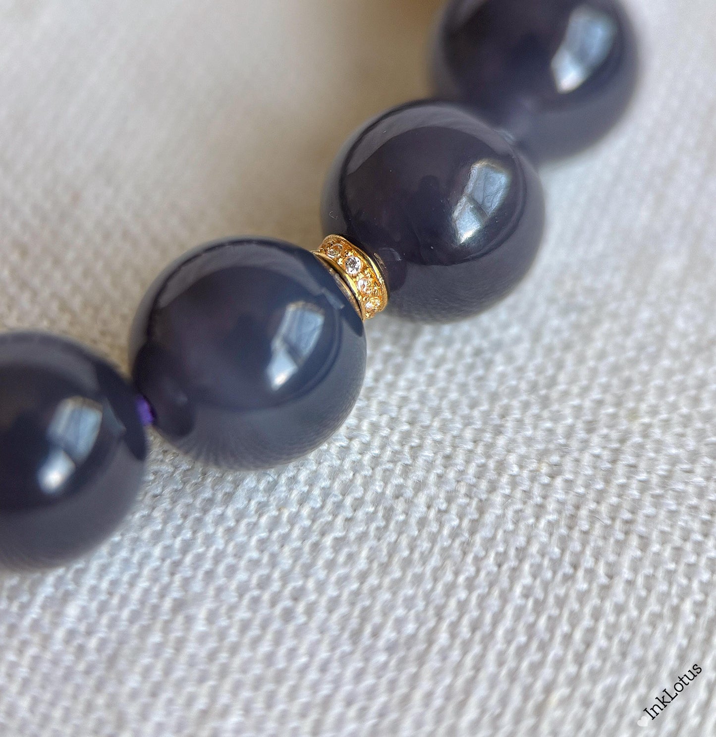 Gray-Purple Nephrite Jade Bracelet 10mm - 18K Gold Jadeite Charm - Handmade
