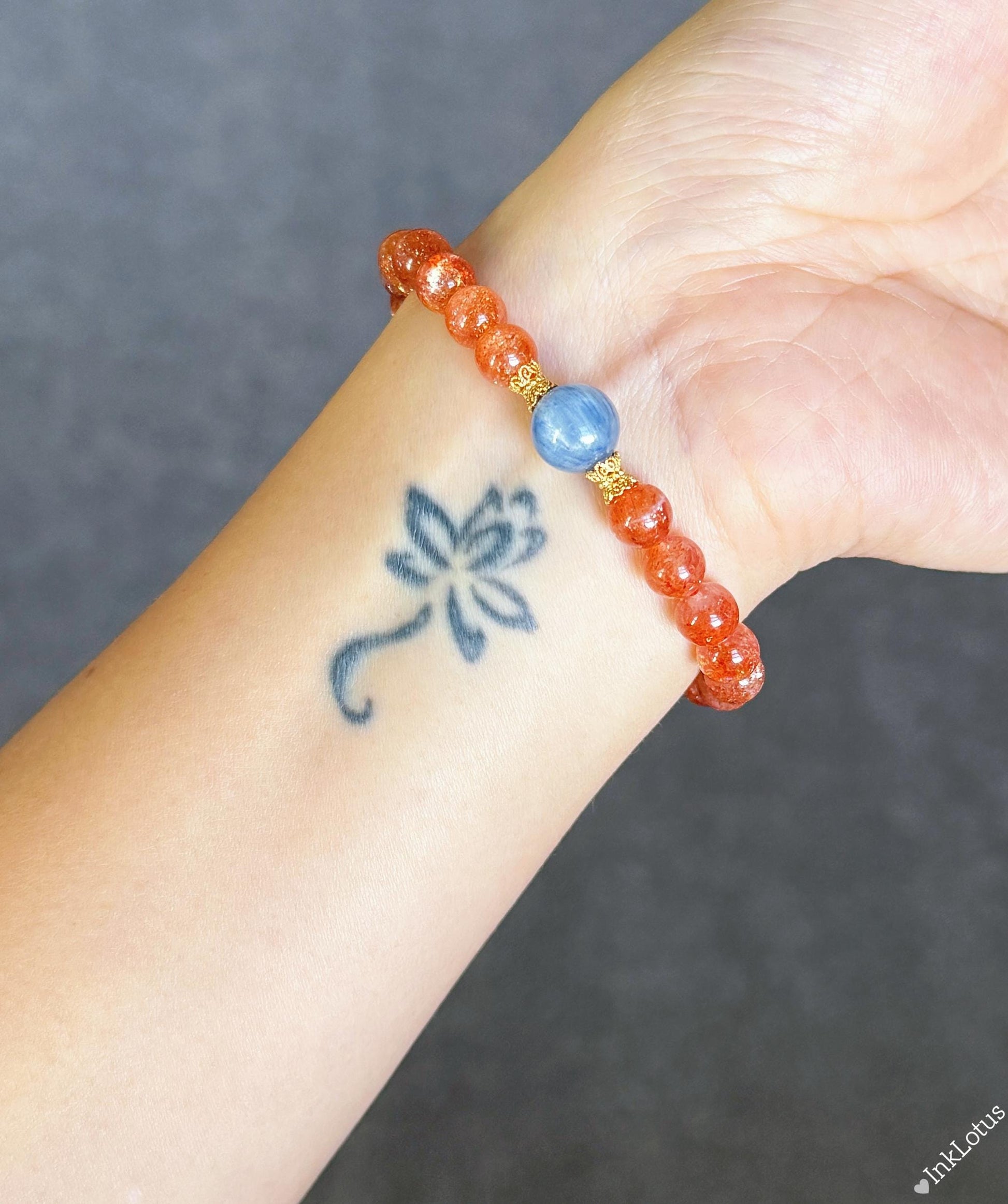 7mm Sunstone Bracelet with Blue Kyanite and Gold-Plated Silver | AAAA+ Sunstone Beads