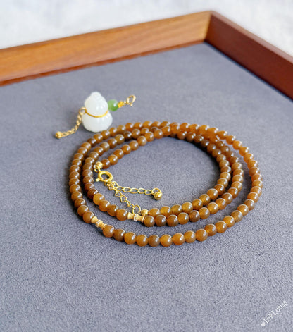 Convertible Brown Nephrite Jade Beaded Necklace with 18K White Jade Gourd | Multi-wrap Jade Bracelet