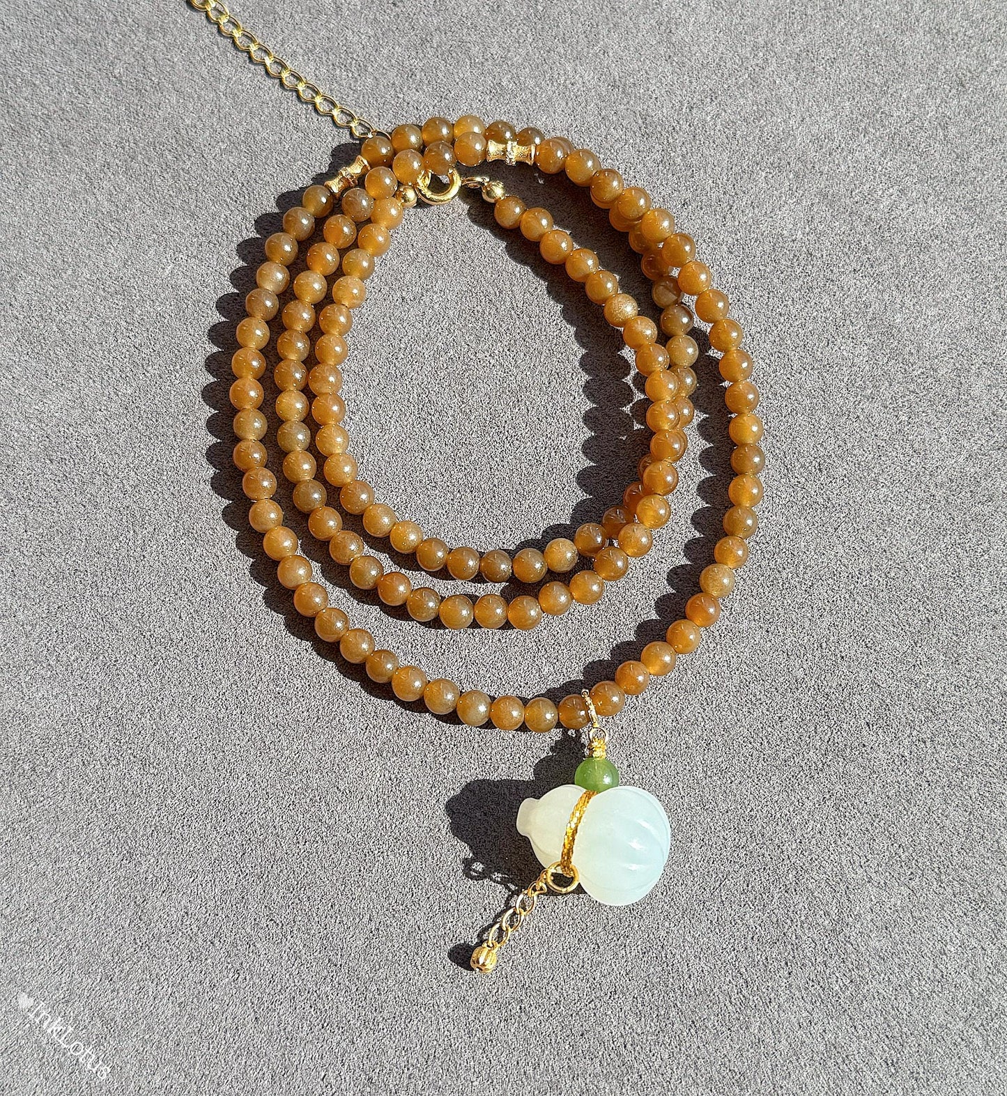 Convertible Brown Nephrite Jade Beaded Necklace with 18K White Jade Gourd | Multi-wrap Jade Bracelet