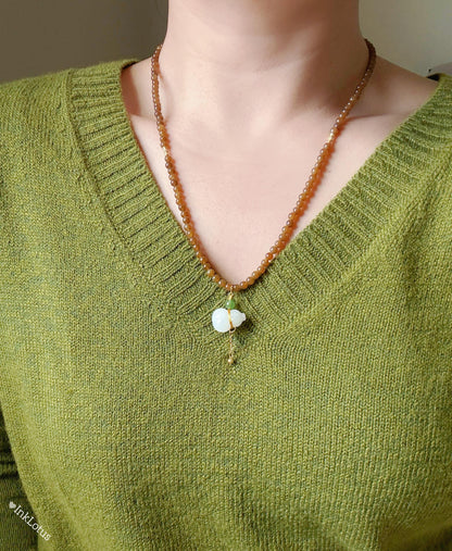 Convertible Brown Nephrite Jade Beaded Necklace with 18K White Jade Gourd | Multi-wrap Jade Bracelet