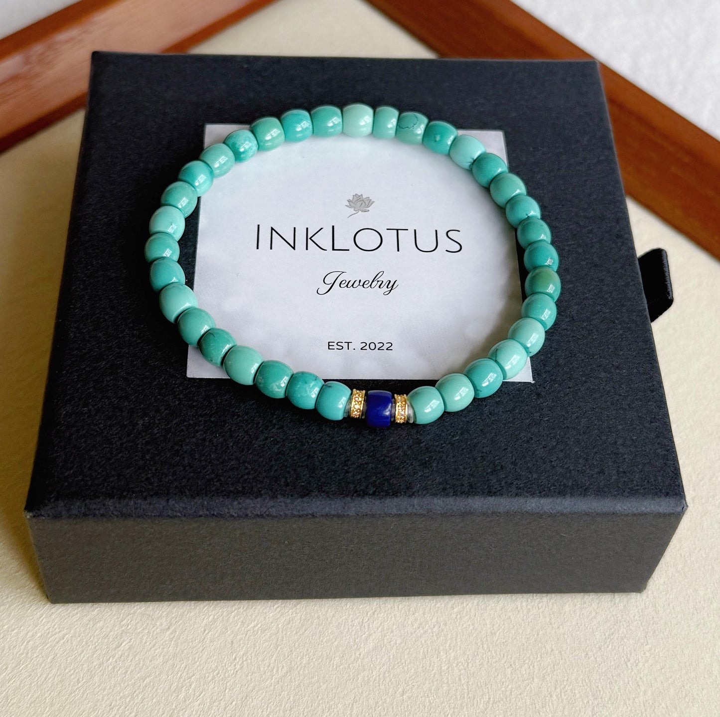Natural Turquoise Beaded Bracelet • Lapis Lazuli, 18K Gold Spacers