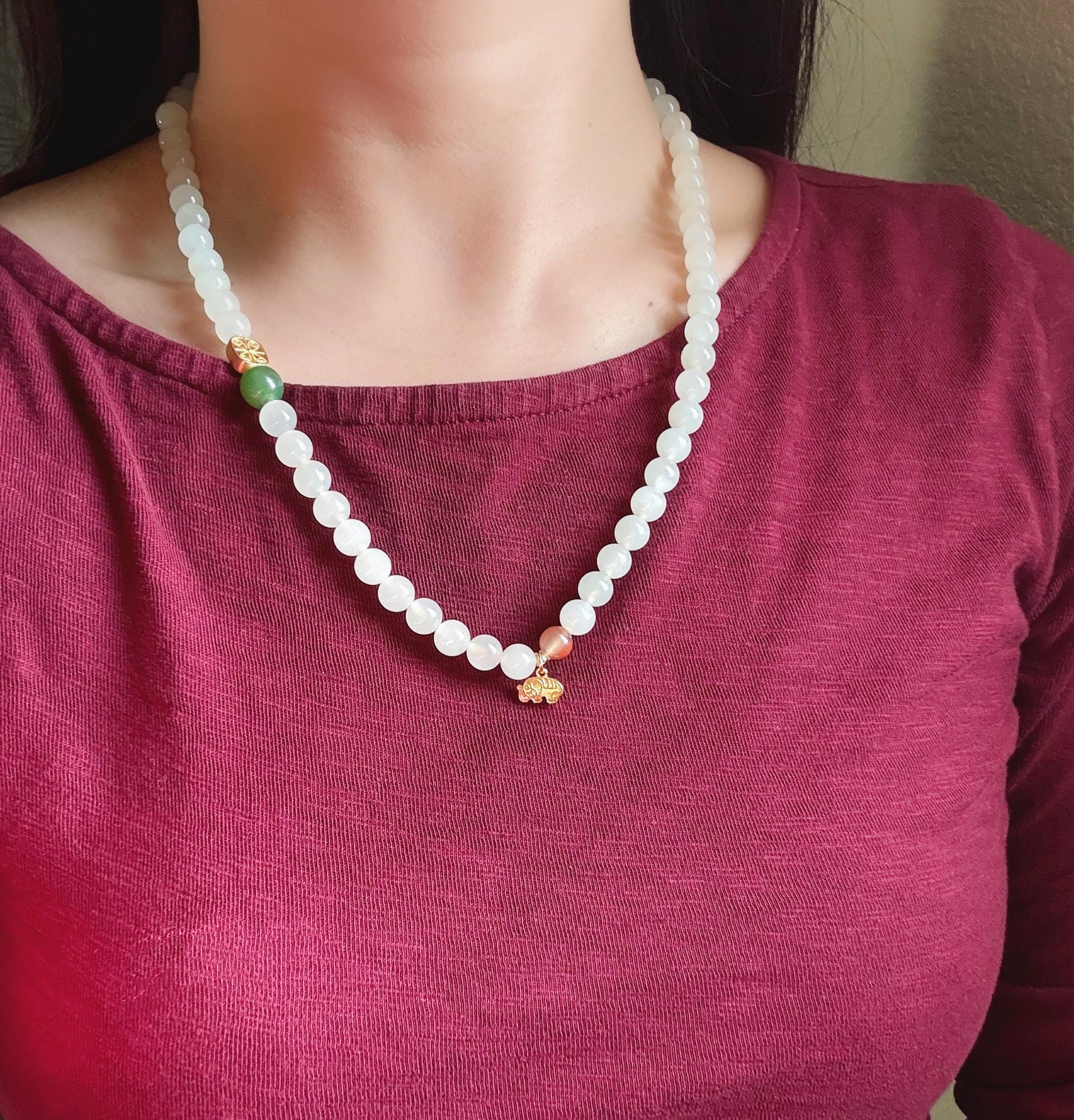 Nephrite Jade Multi-Wrap Bracelet/Necklace 8mm: Sterling Silver Elephant Charm, Red Agate Accent