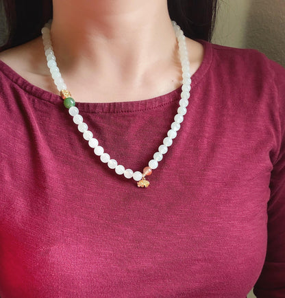 Nephrite Jade Multi-Wrap Bracelet/Necklace 8mm: Sterling Silver Elephant Charm, Red Agate Accent