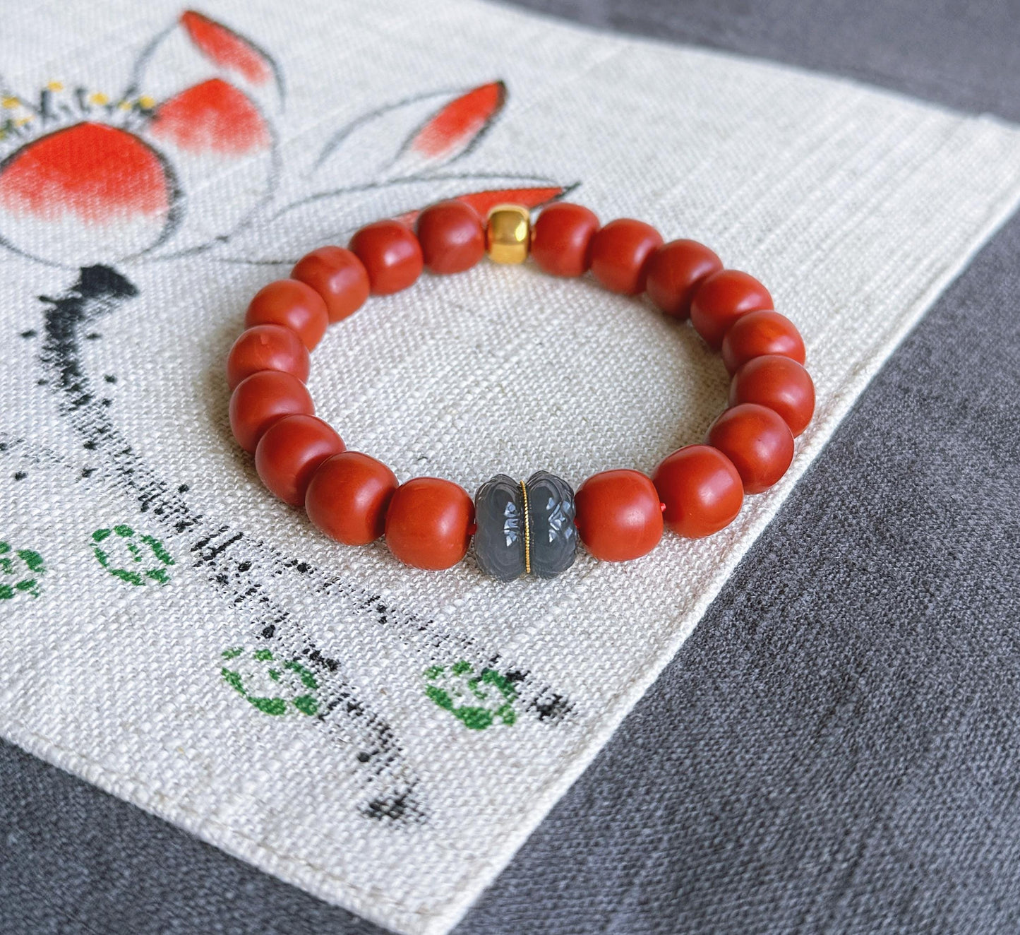 Red Agate Bracelet with 18K Gold & Gray Nephrite Jade | Handmade