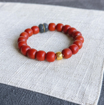 Red Agate Bracelet with 18K Gold & Gray Nephrite Jade | Handmade