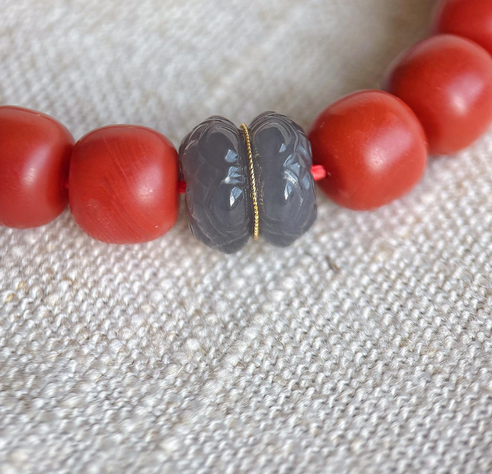 Red Agate Bracelet with 18K Gold & Gray Nephrite Jade | Handmade