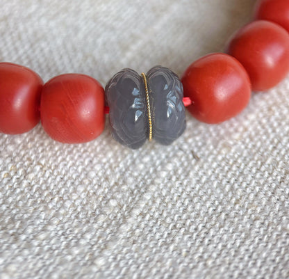 Red Agate Bracelet with 18K Gold & Gray Nephrite Jade | Handmade