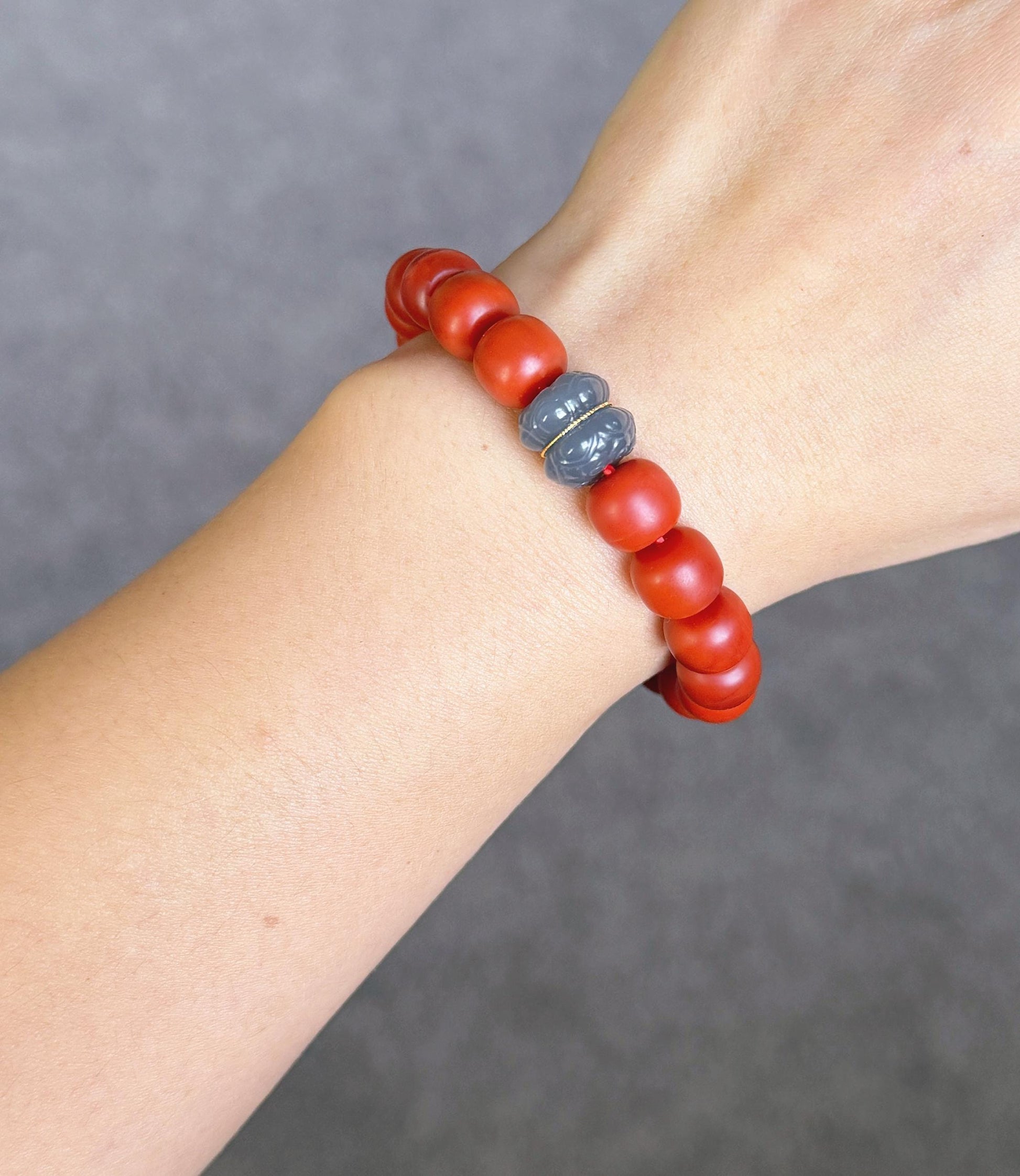Red Agate Bracelet with 18K Gold & Gray Nephrite Jade | Handmade