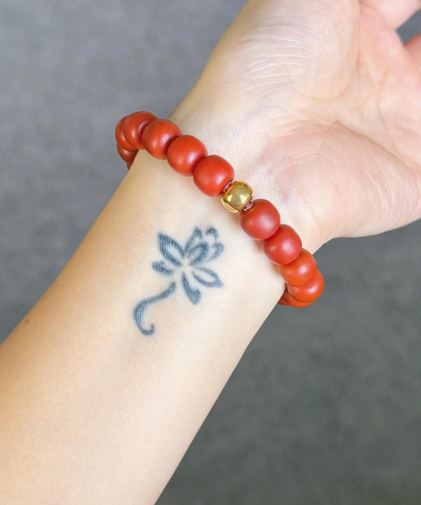 Red Agate Bracelet with 18K Gold & Gray Nephrite Jade | Handmade