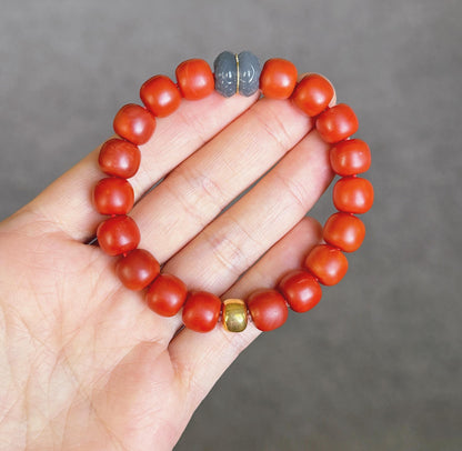 Red Agate Bracelet with 18K Gold & Gray Nephrite Jade | Handmade