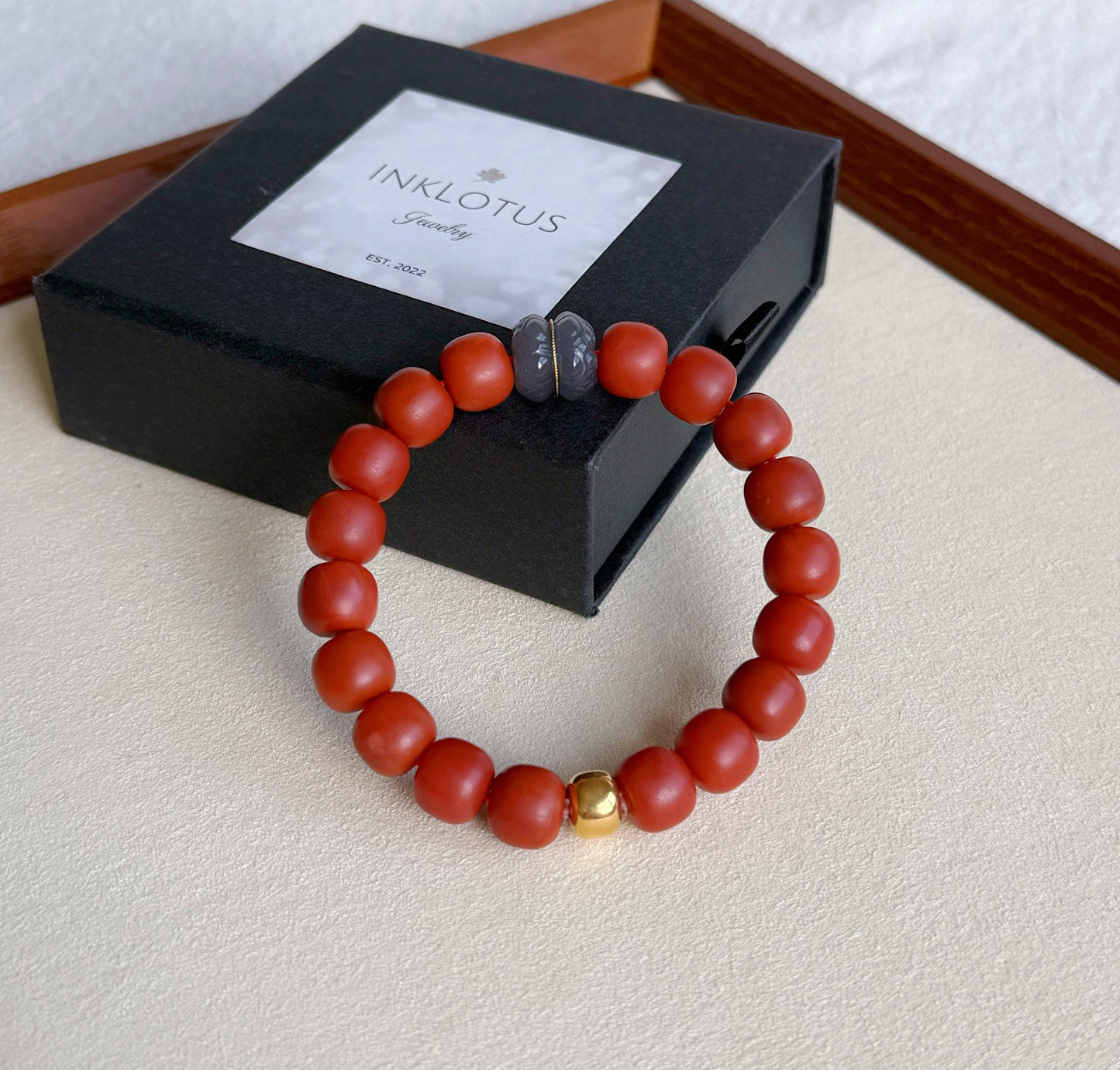 Red Agate Bracelet with 18K Gold & Gray Nephrite Jade | Handmade
