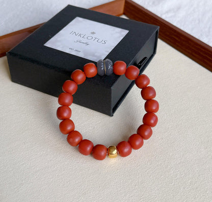 Red Agate Bracelet with 18K Gold & Gray Nephrite Jade | Handmade