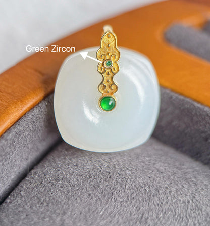 18k White Nephrite Jade Pendant Necklace | Square-Round | 18" Gold-Plated Sterling Silver Chain