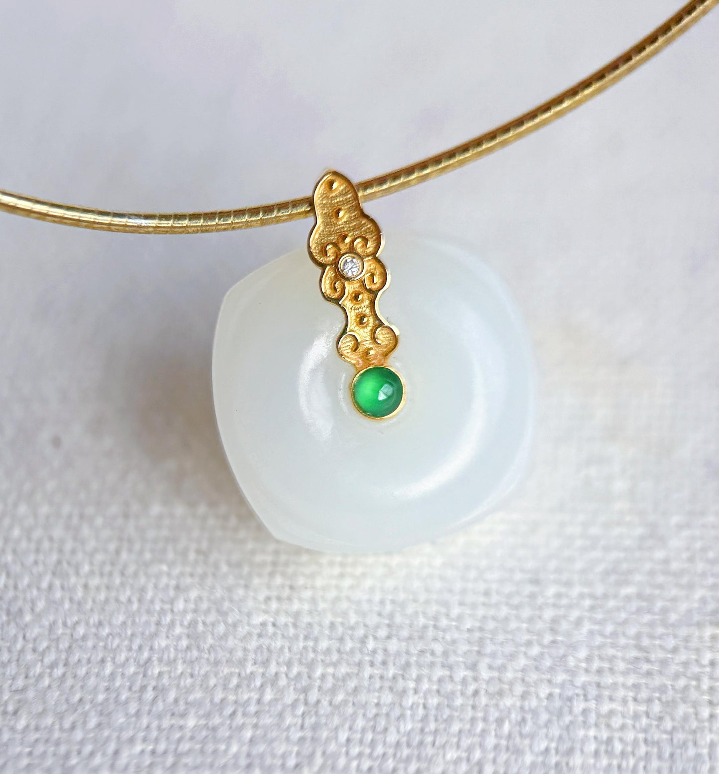 18k White Nephrite Jade Pendant Necklace | Square-Round | 18" Gold-Plated Sterling Silver Chain
