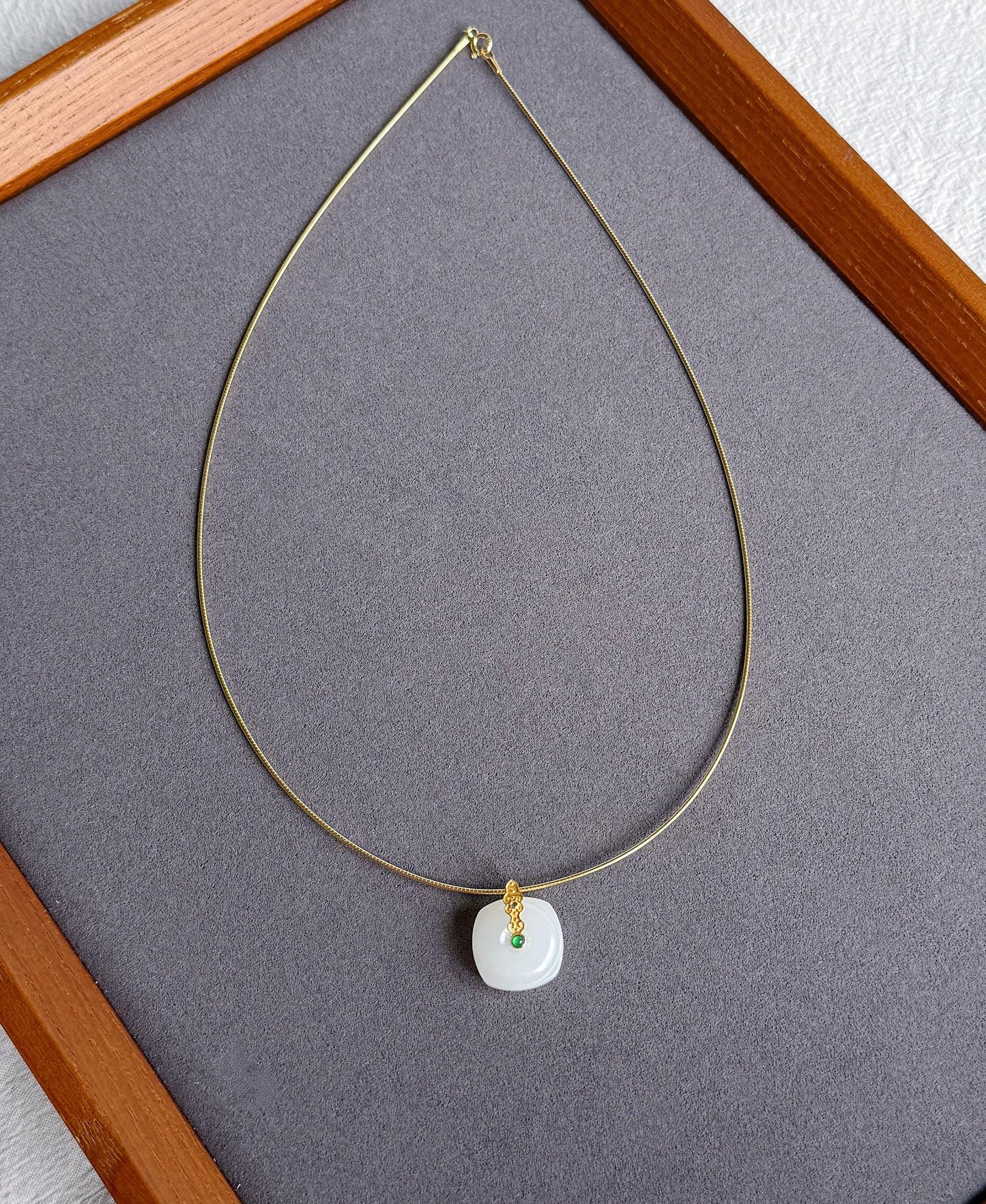 18k White Nephrite Jade Pendant Necklace | Square-Round | 18" Gold-Plated Sterling Silver Chain