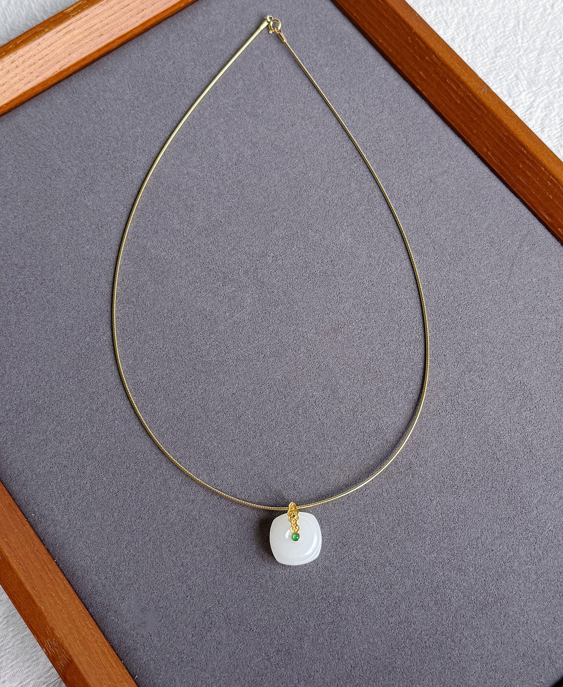 18k White Nephrite Jade Pendant Necklace | Square-Round | 18" Gold-Plated Sterling Silver Chain