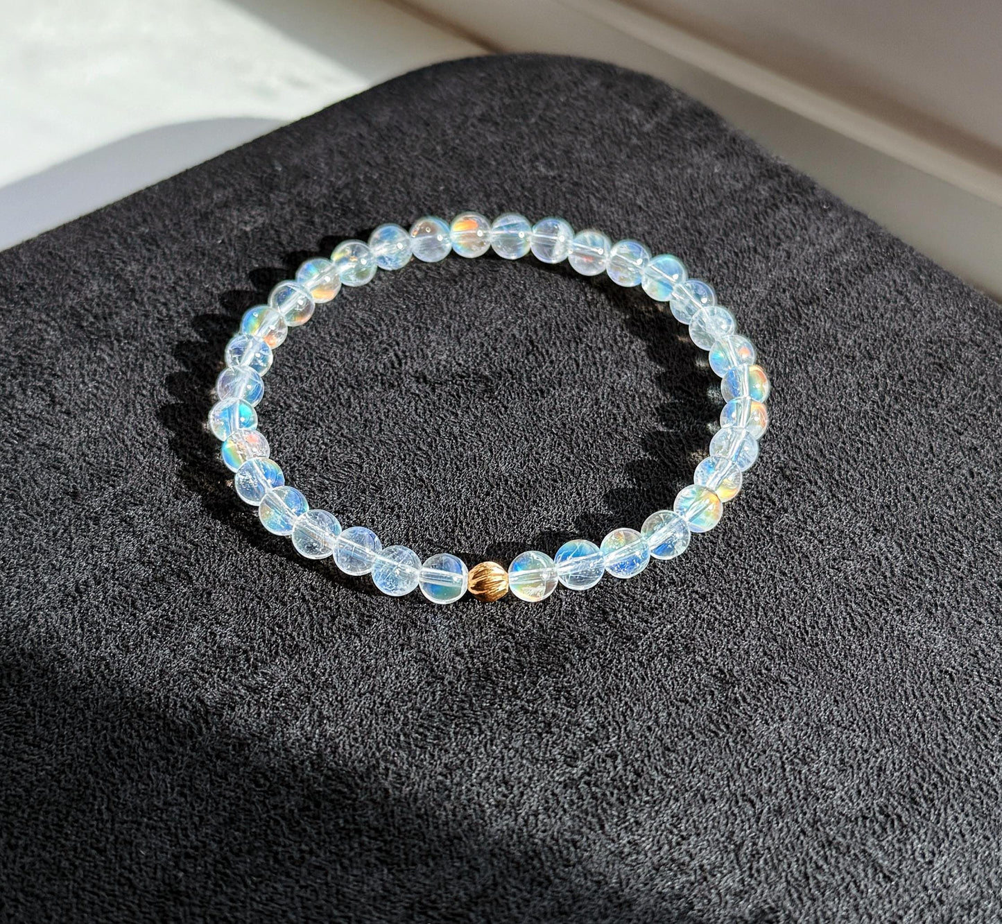 Madagascar Rainbow Moonstone Bracelet – 18K Gold Accent, Handmade