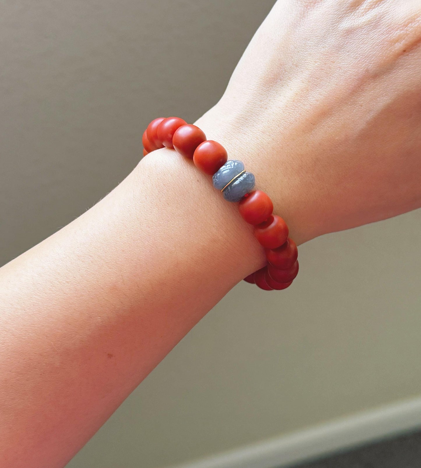 Red Agate Bracelet with 18K Gold & Gray Nephrite Jade | Handmade